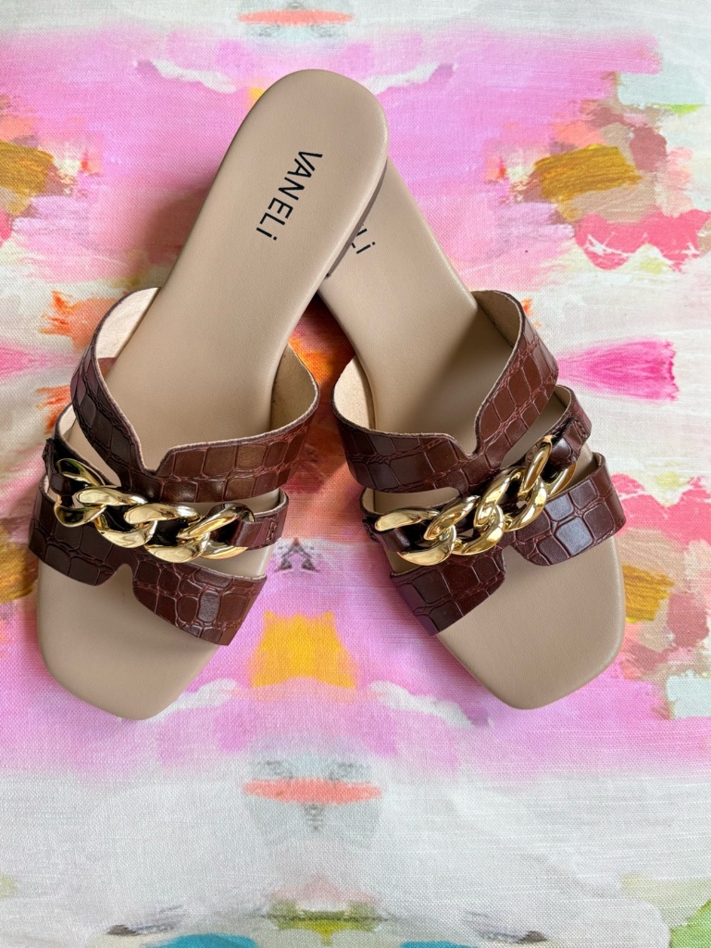Vaneli “Errita” Brown Croc-Embossed Slide Sandals with Gold Chain